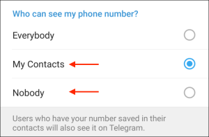 اگر نمی خواهید شماره تلفن را به کسی نشان دهید، گزینه "Nobody" را انتخاب کنید.