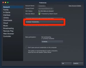 پنجره Preferences در Steam. گزینه "تغییر رمز عبور" برجسته شده است.