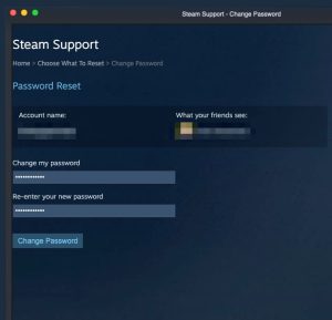 صفحه ای که به کاربر اجازه می دهد رمز عبور Steam خود را تغییر دهد.