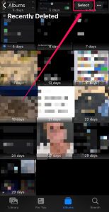 پوشه «Recently Deleted» برنامه Photos در آیفون، با علامت «Select» در گوشه بالا سمت راست.