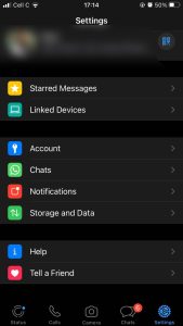 صفحه تنظیمات در اپلیکیشن موبایل واتساپ